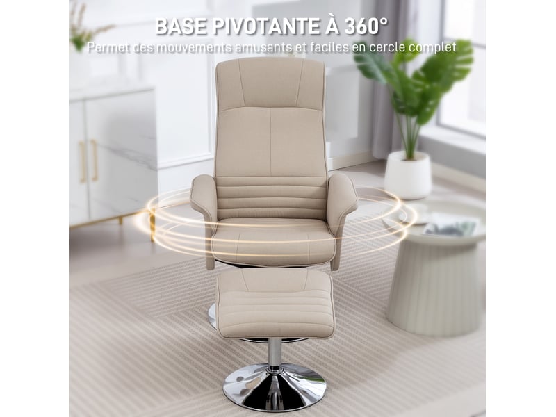  Fauteuil relax inclinable 135° pivotant avec repose-pieds en tissu beige  - Conforama E