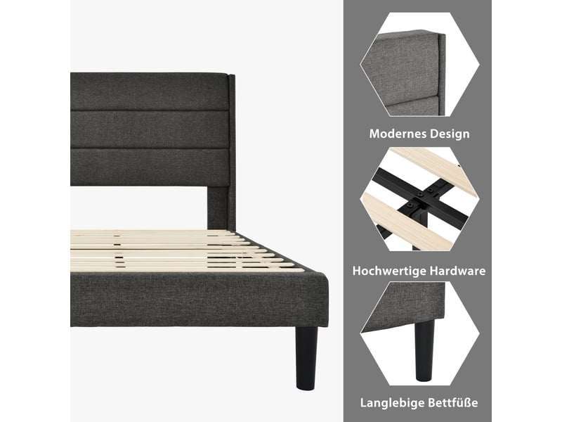  Lit rembourré, lit enfant 90x200 cm, sommier à lattes, lin gris foncé, matelas inclus  - Conforama W