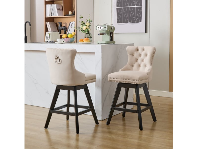  Tabouret de bar pivotant velours beige dossier courbé pieds bois cravdom  - Conforama B