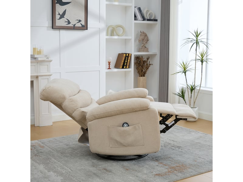 Fauteuil de massage électrique beige, pivotant à 360 degrés, dossier et repose-pieds réglables pour salon et lecture - Conforama D