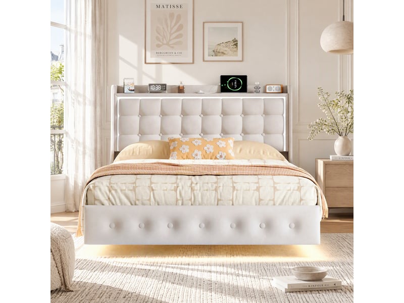 Lit double 160x200 cm, cadre de lit adulte, cadre flottant avec led et ports usb, tête de lit rembourrée avec espace de rangement ouvert, blanc - Conforama B