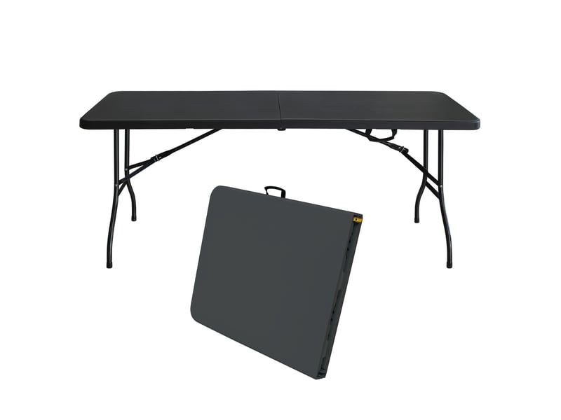 Table de jardin pliante 180 cm noire en plastique et métal, avec poignée de transport pour vos réceptions - Conforama A
