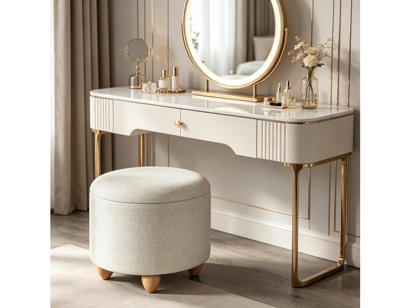  Pouf de rangement tcqpz rond 39 x 33 cm avec plateau en bois crème blanc  - Conforama B