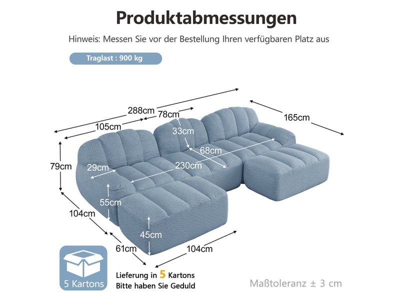 Canapé modulable u 288x165x79 cm 3 places, sans montage, polaire granuleux, 2 pouds mousse 32d, tissu, bleu - Conforama C