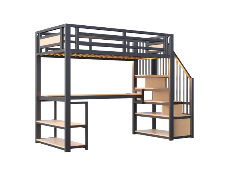  Lit mezzanine avec escalier 90x200 en métal avec led, prise électrique, échelle de rangement et bureau,noir  - Conforama A