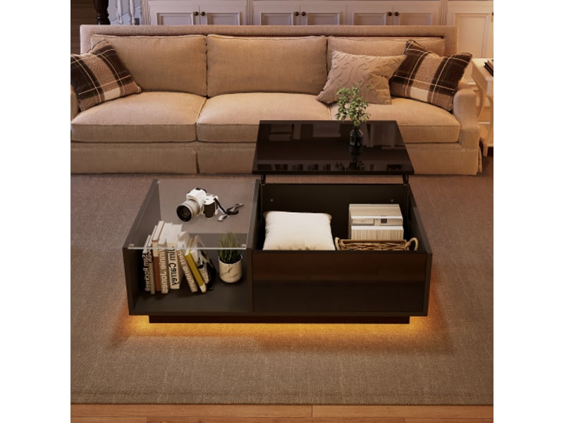 Table basse led haute brillance, réglable en hauteur avec rangement caché et étagère – 50x100x33-46,5 cm - Conforama D