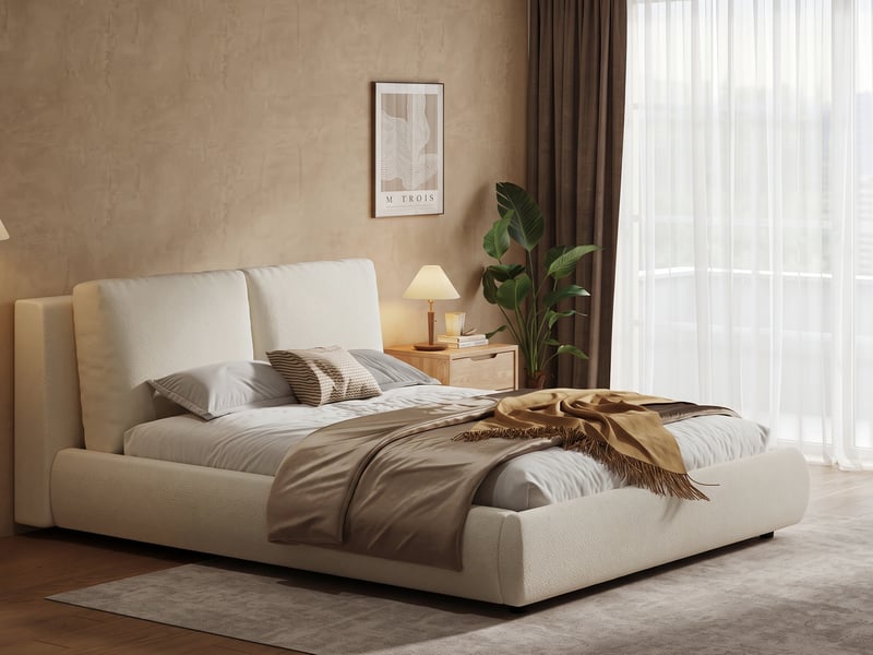  Lit double 180 × 200 cm, bouclé, sommier à lattes, tête de lit rembourrée amovible, structure basse sur pieds, beige  - Conforama B