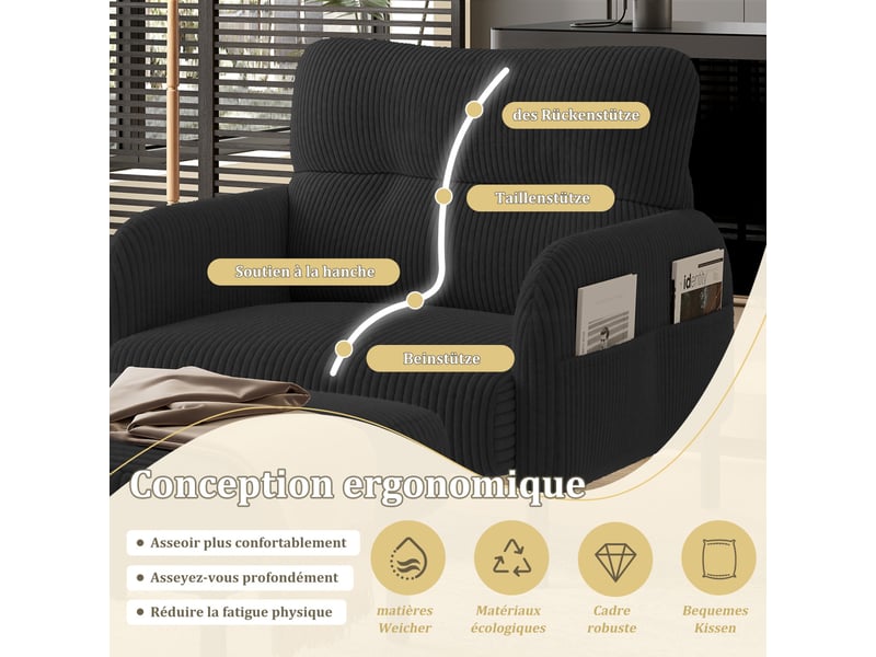  Fauteuil d'accent 67x75x79cm – fauteuil lounge individuel contemporain avec assise profonde et poches latérales double face – velours côtelé - noir  - Conforama E