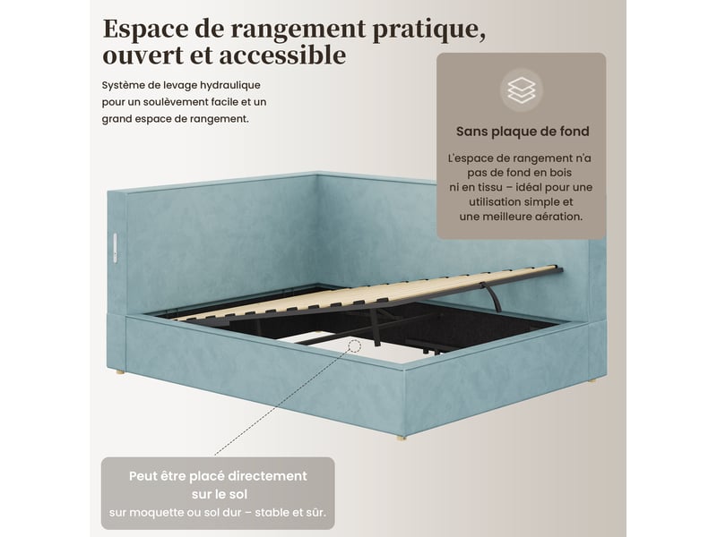 Lit coffre 140x200 cm, sommier à lattes, ouverture hydraulique, led, usb et usb-c, velours bleu, sans matelas - Conforama E