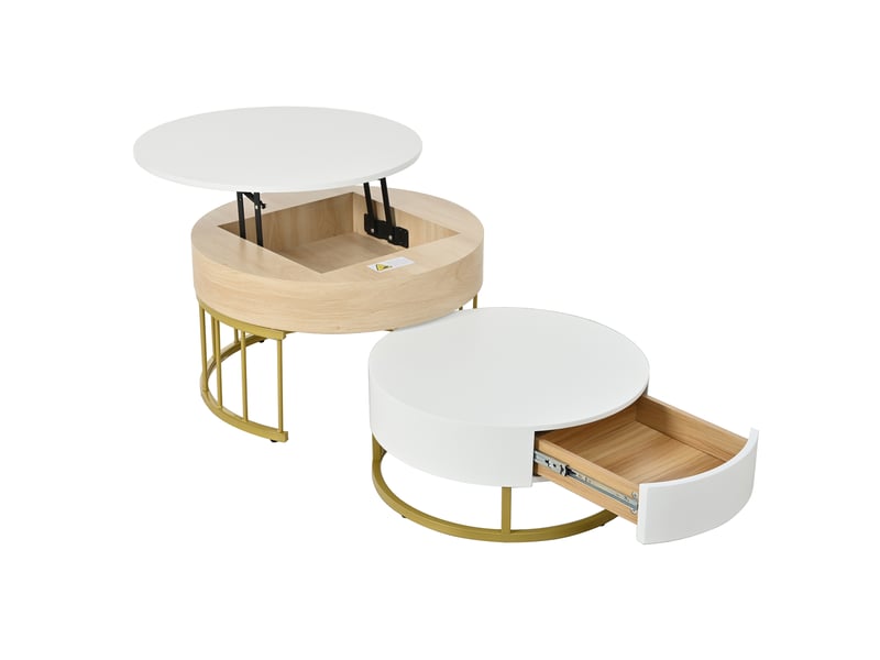 Table basse ronde gigogne réglable en hauteur, tiroir, mdf blanc et bois, structure métal doré, multifonctionnelle - Conforama D