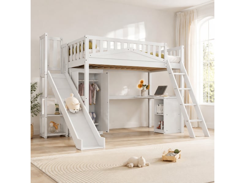  Lit mezzanine enfant 90x200 cm avec toboggan, bureau et armoire blanc  - Conforama C