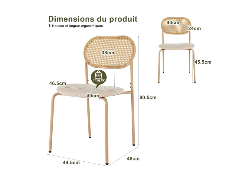  Lot de 2 chaises de salle à manger en rotin – design scandinave et japonais, assise rembourrée beige, structure bois naturel  - Conforama B