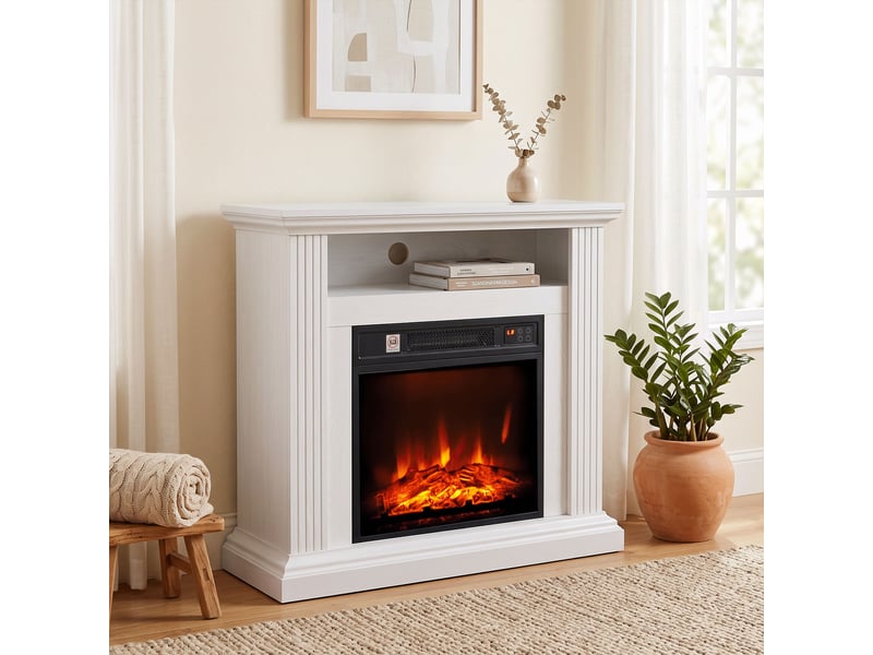  Cheminée électrique 1800 w, manteau effet bois blanc, flamme 3d, thermostat, jusqu’à 30 m²  - Conforama C