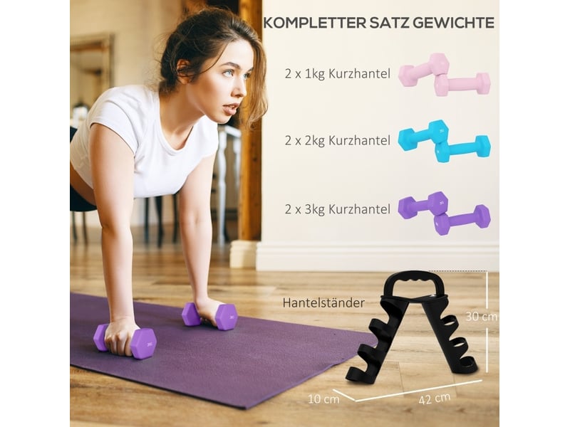 Set de 6 haltères de 1 à 3 kg rose et bleu, noyau en métal, support transformable d'entraînement - Conforama D