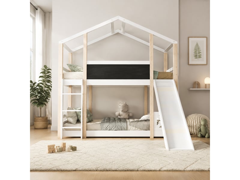  Lit superposé enfant cabane avec toboggan et échelle 90x200 cm blanc  - Conforama B
