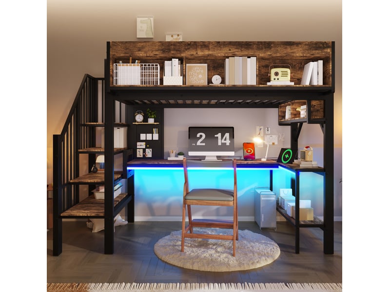 Lit mezzanine 90x200 avec bureau d'angle, rangements, panneau perforé, led et usb evryae - Conforama B