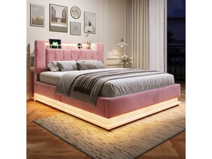 Lit coffre capitonné 160 x 200 cm - avec éclairage led - avec port usb - velours - rose (matelas non inclus)
