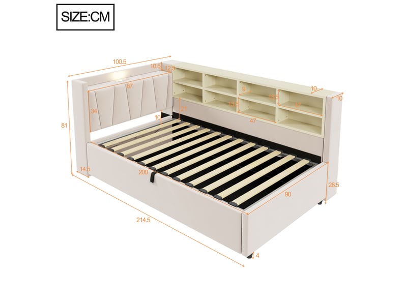  Canapé-lit avec rangement 90 x 200 cm – avec éclairage – avec ports de charge usb et type-c – avec compartiments de rangement – ​​beige (matelas non inclus)  - Conforama C