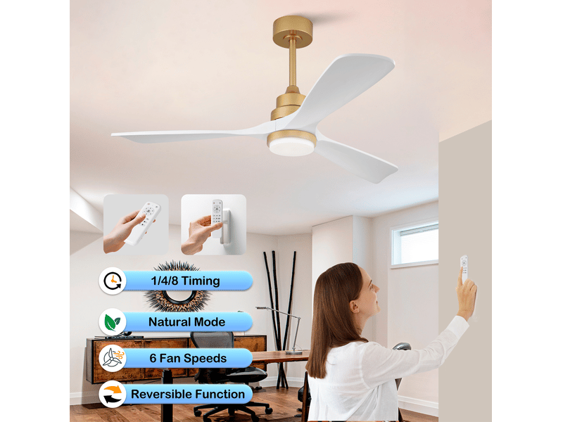  Ventilateur plafond 132 cm avec led, télécommande, pales bois massif, dimmable, moteur dc silencieux, mémoire panne, métal et bois, blanc-doré Bubbly - Conforama E