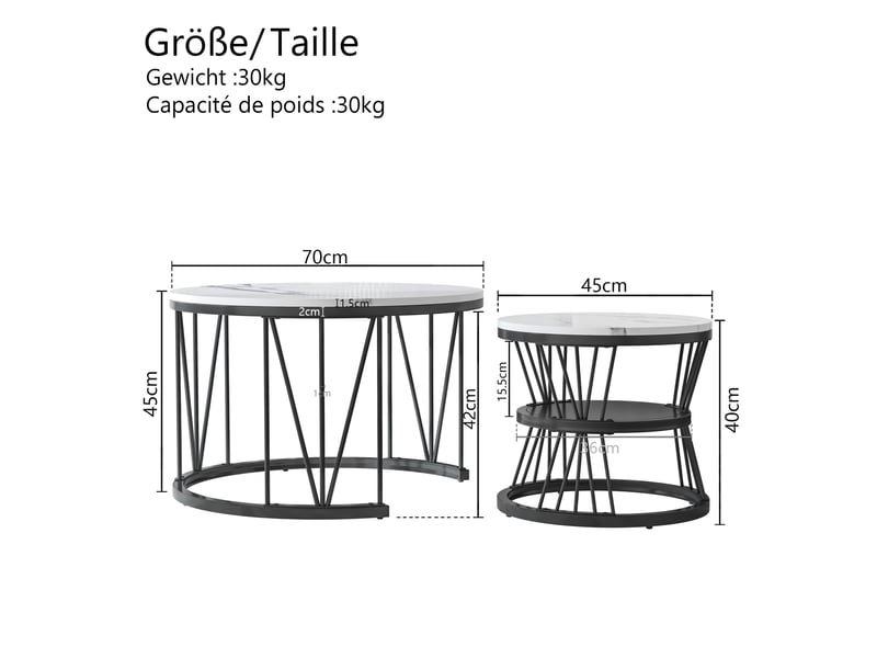 Lot de 2 tables gigognes rondes  ø70 et ø45cm, motif marbré, meuble, rangement, support en forme de v, mdf, blanc  - Conforama C
