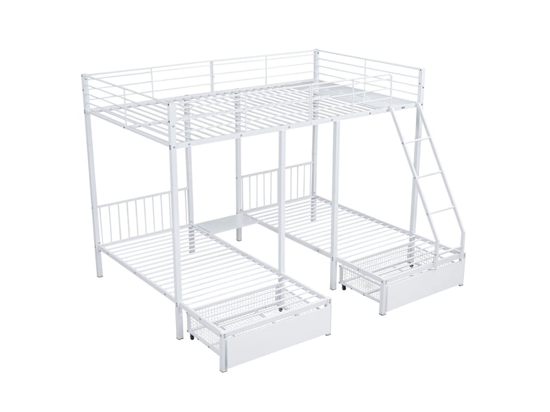  Lit superposé enfant 140x200 cm – blanc – 3 couchages modulables en métal avec 2 tiroirs, sans matelas  - Conforama D