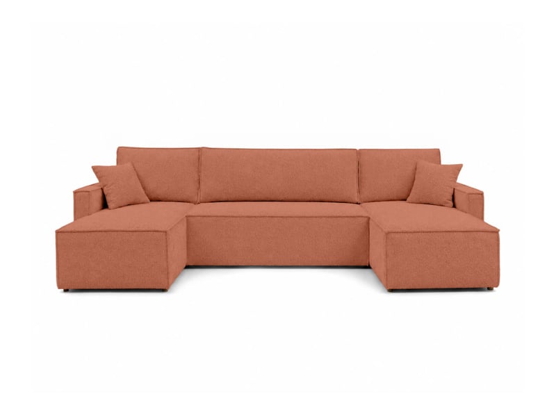 Farah - canapé d'angle panoramique convertible 6 places accoudoirs slim en tissu bouclettes généreuses - Conforama E