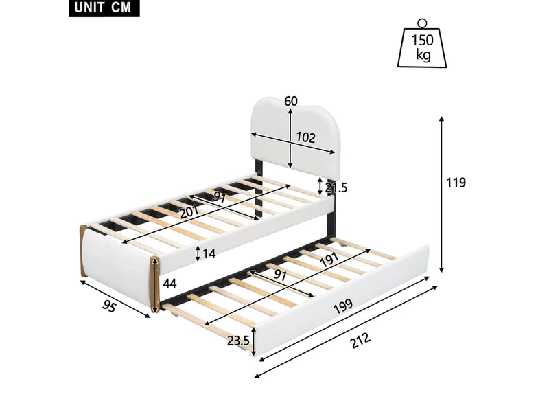  Lit 90x200 cm avec lit gigogne pratique, forme minimaliste, plush et mdf, blanc, sans matelas  - Conforama C