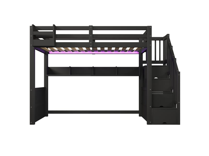  Lit mezzanine 90 x 200 cm, avec rangement, éclairage led et escalier, noir  - Conforama A