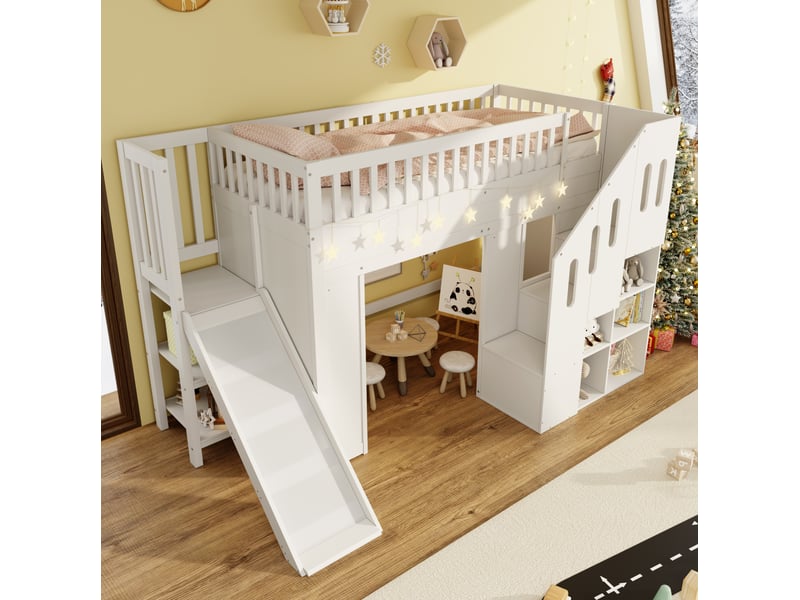  Lit mezzanine enfant, 90x200 cm, avec toboggan, escalier aménagé, led, matelas non inclus, pin et mdf, coloris blanc  - Conforama D