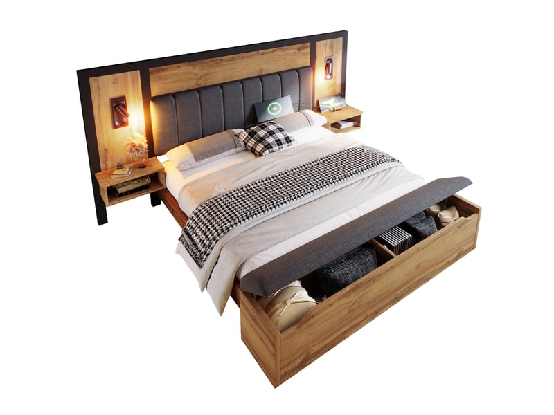 Lit coffre 160x200 avec liseuses, usb-c et banc de rangement cravdom - Conforama A