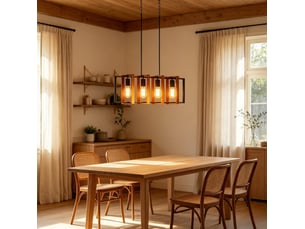 Suspension 4 lumières 80 x 21 x 90-130 cm noire en acier et bois, quatre cadres orientables, hauteur réglable