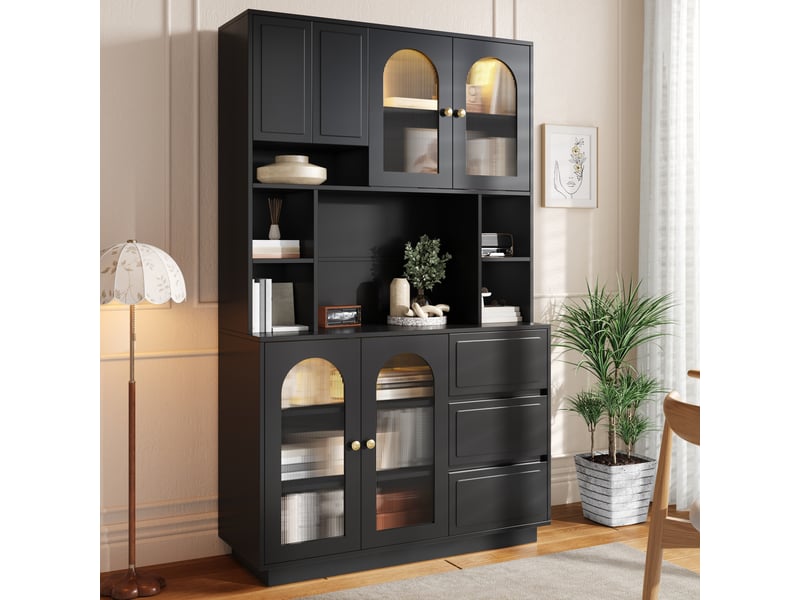  Buffet haut avec 4 portes, 3 tiroirs et led pour salle à manger en mdf 106×30×175 cm noir  - Conforama C