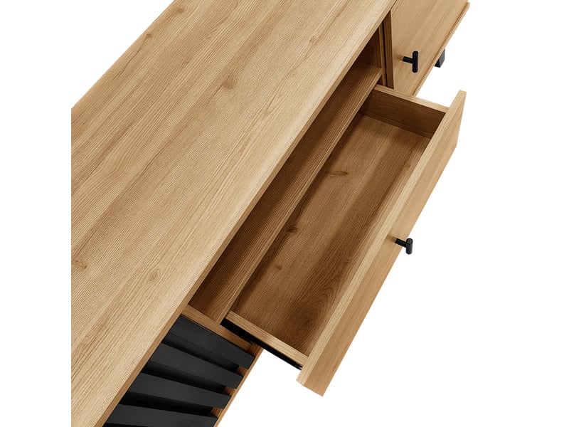  Meuble tv 170 cm avec tiroirs et portes, rangement spacieux, bois et noir, panneaux de particules  - Conforama E