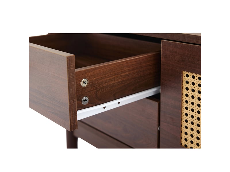  Meuble tv 180x35x44 cm avec 4 tiroirs et portes rotin, marron  - Conforama R