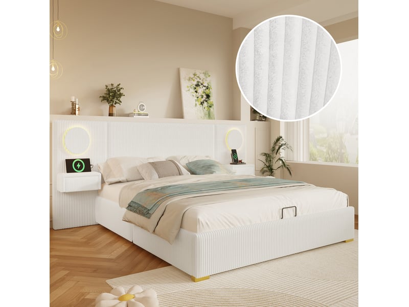 Lit double 180 × 200 cm coffre hydraulique avec led et prises usb, tête de lit rembourrée en velours beige pour chambre - Conforama B