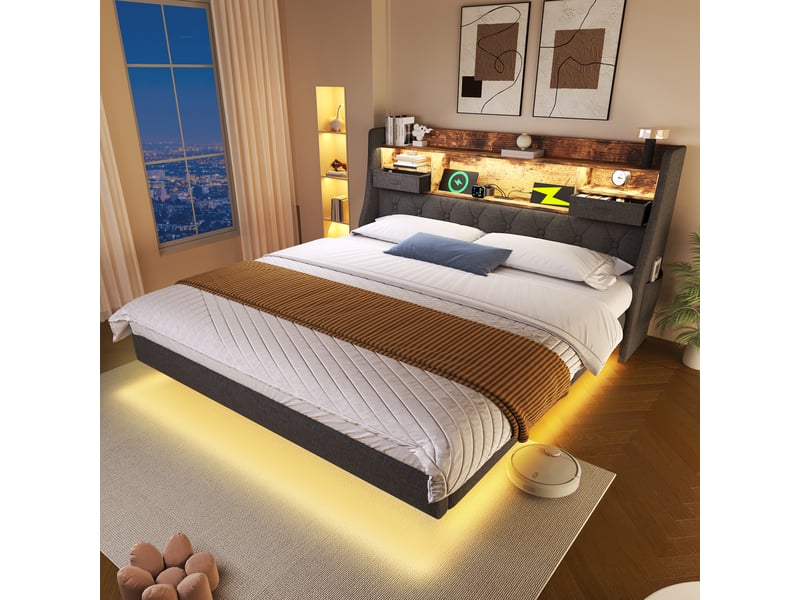 Lit double 180x200 flottant avec led et station de charge, rangement tête de lit, lin gris - Conforama E