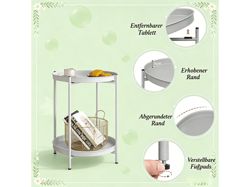  Table d’appoint ronde avec 2 plateaux amovibles et rangement - lpospi - métal gris clair 44×44×53 cm  - Conforama E