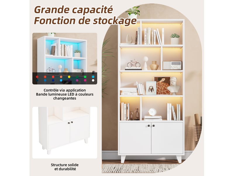  Bibliothèque 80x30x173 cm, led, armoire de rangement, meuble de bureau, 2 portes, pieds en bois, mdf et bois, blanc  - Conforama E