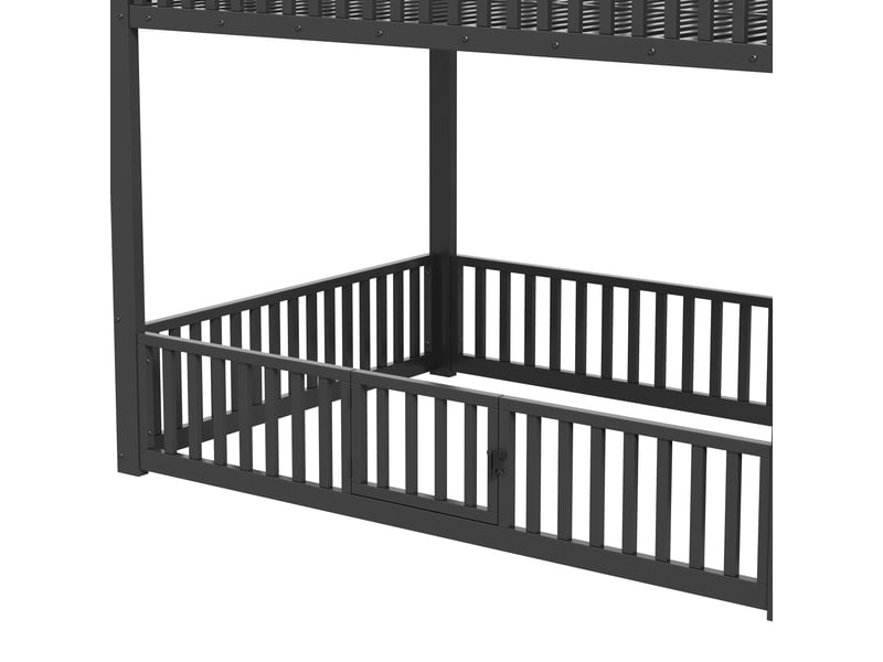 Lit superposé bas 140x200 cm noir, avec escalier de rangement, led, garde-corps, structure métal, sommier inclus, sans matelas - Conforama E