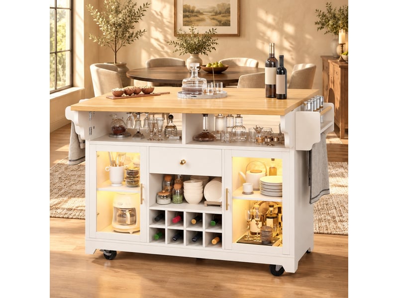  Desserte de cuisine à plateaux rabattables et éclairage rgb - lpospi - rangement, roulettes, mdf blanc 120 × 80 × 95 cm  - Conforama C