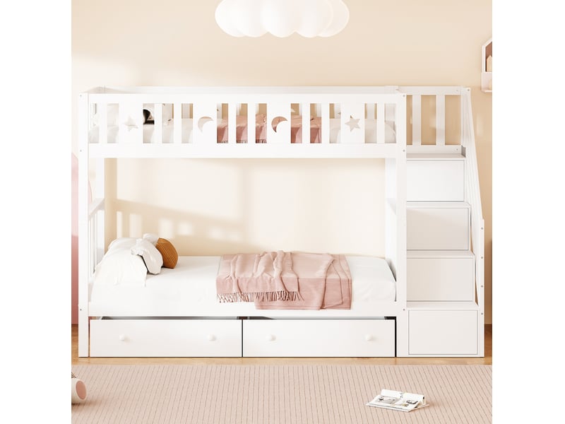  Lit superposé enfant 2x90x200 cm – blanc – escalier de rangement sécurisé, 2 tiroirs et sommiers inclus  - Conforama B