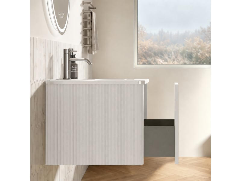 Meuble vasque suspendu 80 cm blanc avec tiroir, vasque intégrée et miroir rond led antibuée  - Conforama D