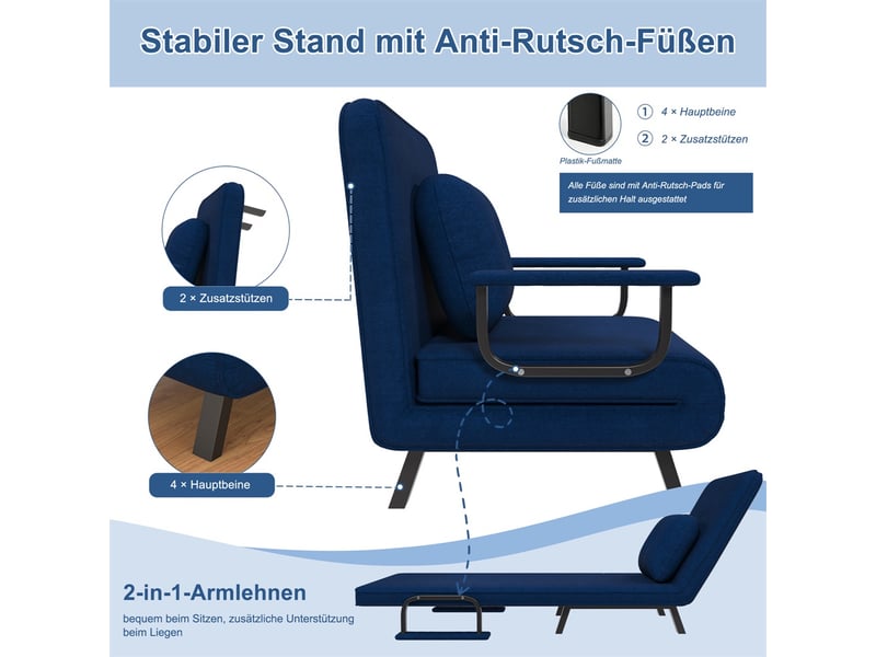  Fauteuil de relaxation convertible 60 x 60 x 80 cm – dossier réglable 5 positions lit 180° – chenille – bleu  - Conforama E