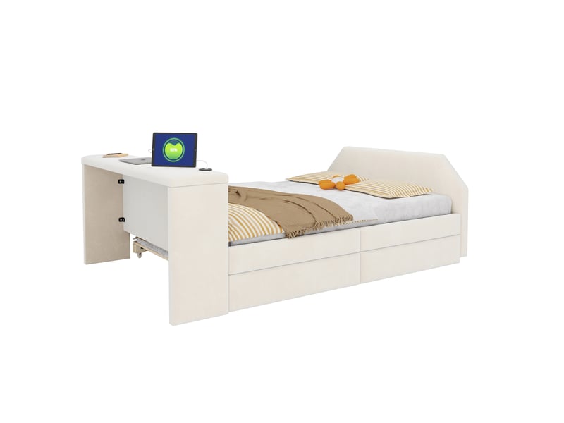  Lit enfant rembourré 140x200 cm en velours avec bureau intégré, lit gigogne coulissant, prise usb et sommier à lattes - beige  - Conforama A
