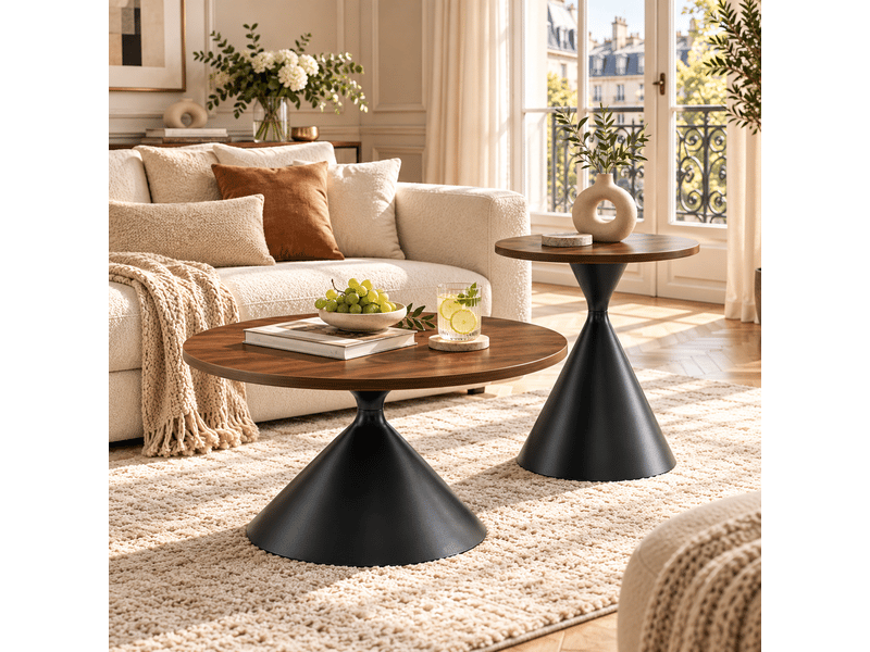 Tables basses gigognes rondes, avec 2 plateaux, empilables et style moderne pour salon et chambre, métal, noyer noir - Conforama B