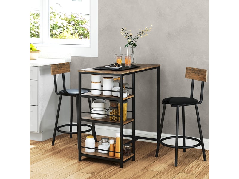  Ensemble de salle à manger 3 pièces avec table de bar et 2 chaises, petit ensemble de cuisine avec étagères latérales, mdf, métal, noir  - Conforama C