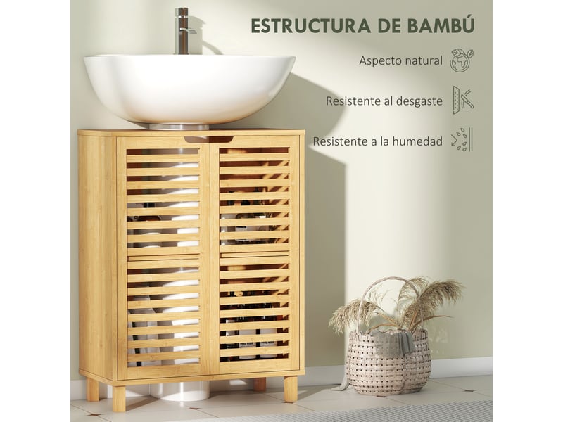  Meuble sous lavabo 2 portes en bambou, découpe en u, 60 x 30 x 80 cm  - Conforama W