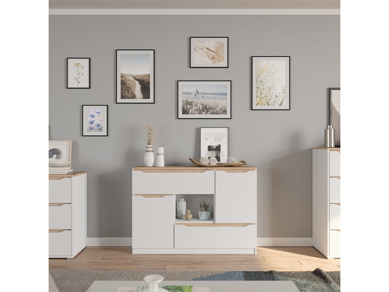  Vicco commode avec tiroirs, blancchêne artisan, 120x83.6cm  - Conforama C