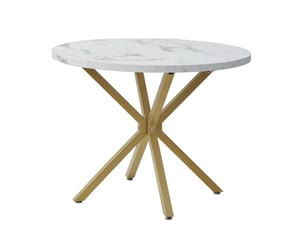 Table à manger ronde ø 100 cm pour 2 à 4 personnes, effet marbre blanc et doré