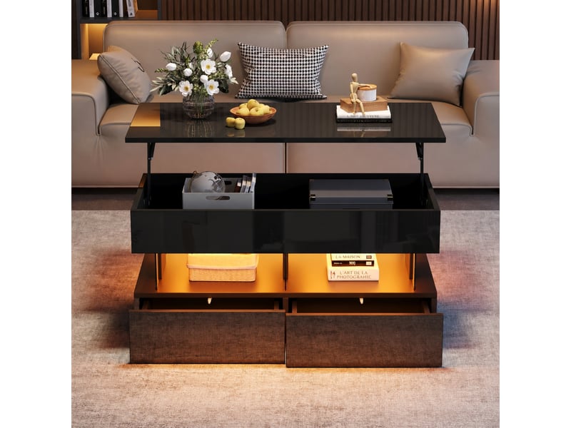  Table basse relevable avec deux tiroirs et éclairage led, 100 x 50 x 46 cm, noir brillant  - Conforama D
